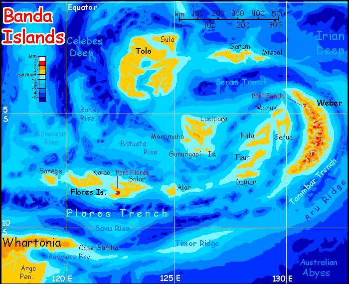 Map of the Banda Archipelago on Abyssia, an alternate Earth whose relief has been inverted: heights are depths and vice versa. The Bandas correspond to the trenches and deeps of eastern Indonesia.