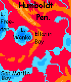 Location map of Eltanin Crater in northern Morningtonia, a small cool-temperate continent in the equivalent of our South Pacific, on Abyssia, an alternate Earth in which up is down and down is up.