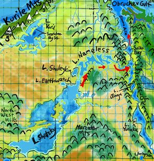 Lake Shatsky (draining to NE) in Pacifica, on Abyssia. Click to enlarge.