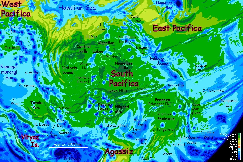 Map of southern Pacifica on Abyssia, an alternate Earth whose relief has been inverted: heights are depths and vice versa.