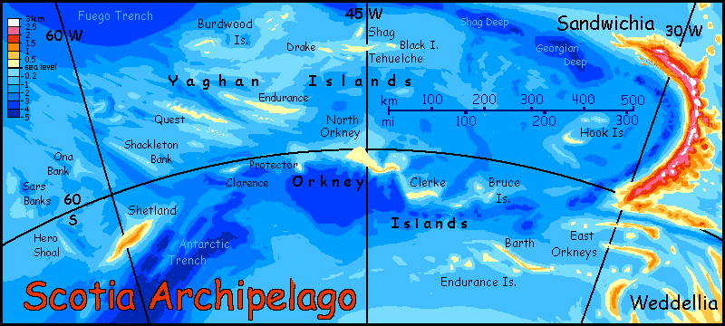 A map of Scotia, a southern archipelago on Abyssia, an alternate Earth in which up is down and down is up.