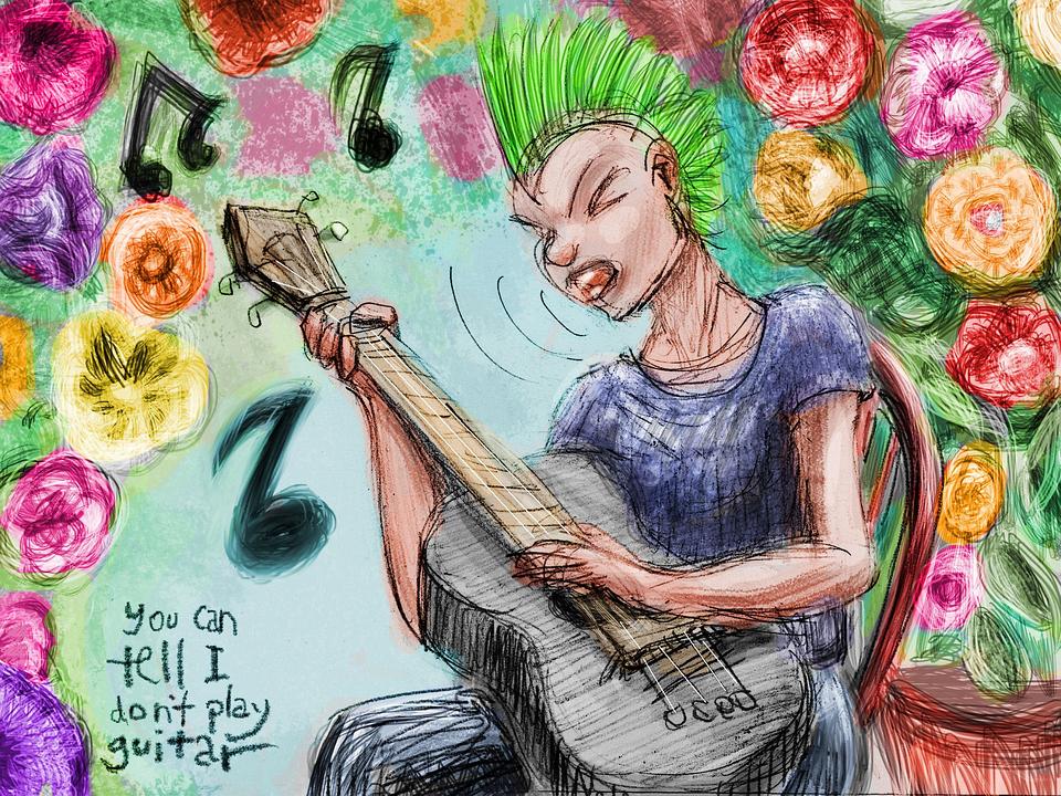 Girl with green mohawk plays guitar in rose garden. Dream sketch by Wayan. Click to enlarge.