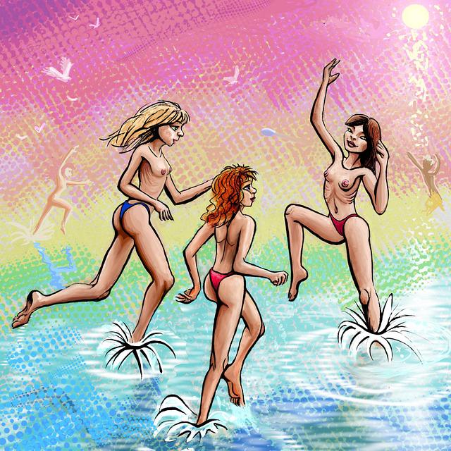 Juanita Beach. Three laughing women run topless into the water. Dream sketch by Wayan. Click to enlarge.