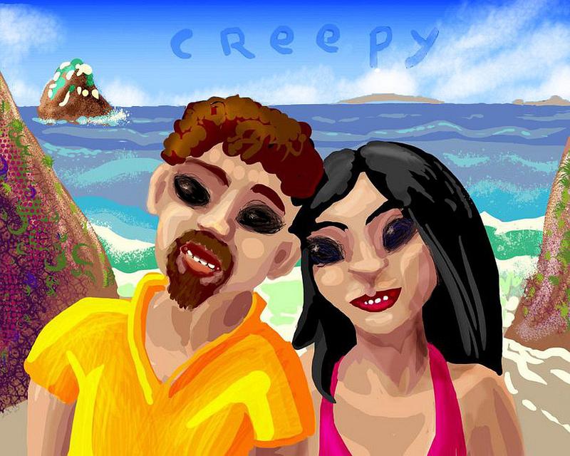 Couple at beach with black blots for eyes. Nightmare sketch by Wayan.