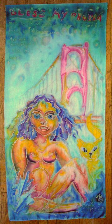 Eve and her golden cat, with Golden Gate Bridge looming behind; silkpainting of a dream by Wayan. Click to enlarge.