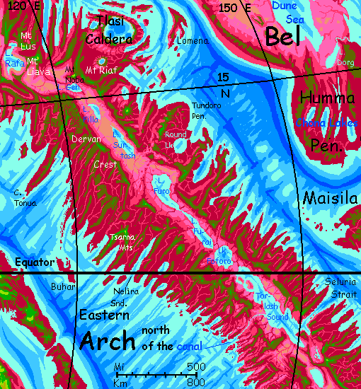 Map of the eastern Arch, a corrugated spreading zone on Capsica, a small world hotter and drier than Earth.