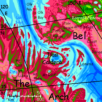 Map of southwest coast of Bel, a continent on Capsica, a small world hotter & drier than Earth.