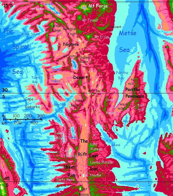 Map of the southeastern Arch, a corrugated spreading zone on Capsica, a small world hotter and drier than Earth.