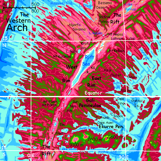 Map of the western Arch, a spreading zone and riftvalley on Capsica, a small world hotter and drier than Earth.