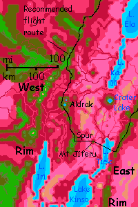 Map of a flyway across the Rift in equatorial Western Arch on Capsica, a hot planet.