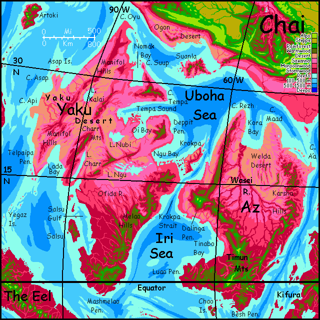 Map of the Australian Twins, two low desert continents on Capsica, a small world hotter and drier than Earth.