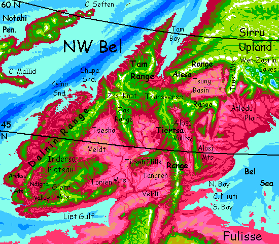 Map of Tiertsa Mts, central Bel, on Capsica, a hot planet.