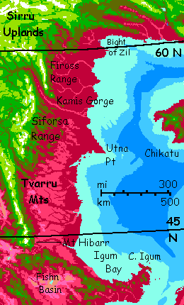 Map of eastern Sirru, southeast Bel, a subarctic continent on Capsica, a world hotter & drier than Earth.