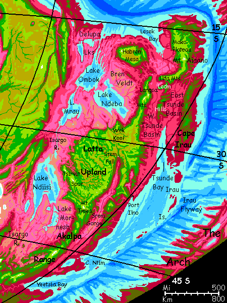 Map of southeast Crunch region on Capsica, a model of a hot world: average temperature 50 C or 122 F.