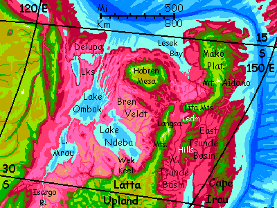 Map of east coast of The Crunch on Capsica, a hot planet.