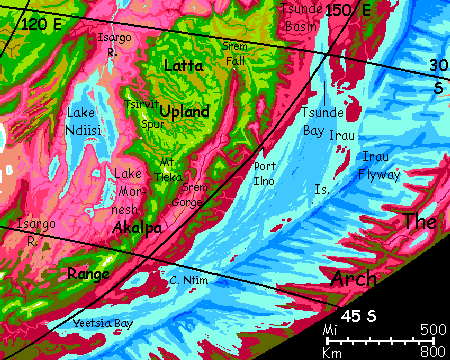 Map of southeast Crunch on Capsica, a model of a hot world.