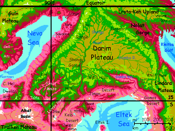 Map of Darim Plateau in the northern Crunch, on Capsica, a model of a hot world.