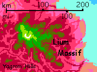 Map of Lium Massif, a shield volcano in Droom Desert in the western Crunch, on Capsica, a small world hotter and drier than Earth.