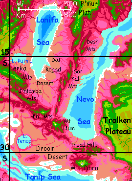 Map of Droom Desert in the western Crunch, on Capsica, a small world hotter and drier than Earth.