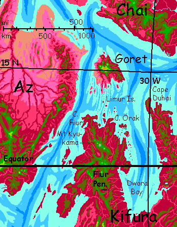 Location map for Goret Island, a junction where flyways meet between three continents: Chai, Kifura and Az, on Capsica, a small world hotter and drier than Earth.