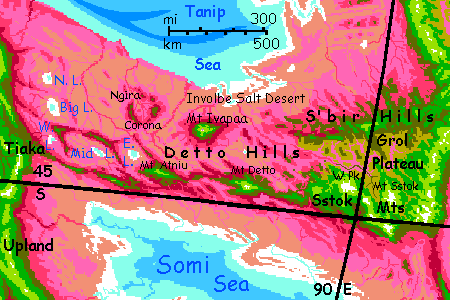 Map of Detto Hills west of Grol Plateau in the central Crunch on Capsica, a model of a hot world.