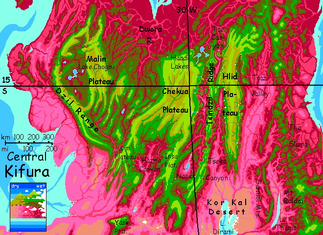 Close-up map of central highlands of Kifura, a large equatorial continent on Capsica, a small world hotter and drier than Earth.