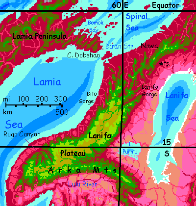 Map of northern Lanifa Plateau, in the NW Crunch, on Capsica, a small world hotter and drier than Earth.