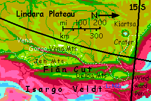 Map of canyons, eastern Lindara Plateau in the eastern Crunch, on Capsica, a model of a hot world.