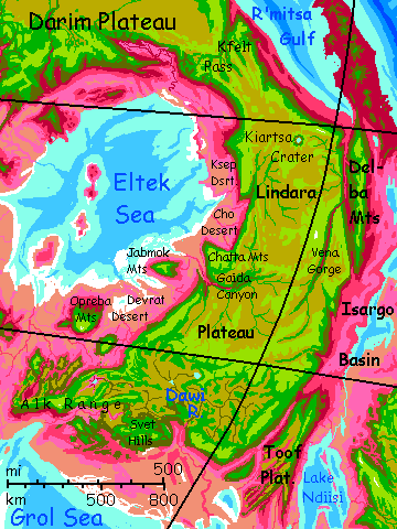 Map of Lindara Plateau in the eastern Crunch, on Capsica, a model of a hot world.