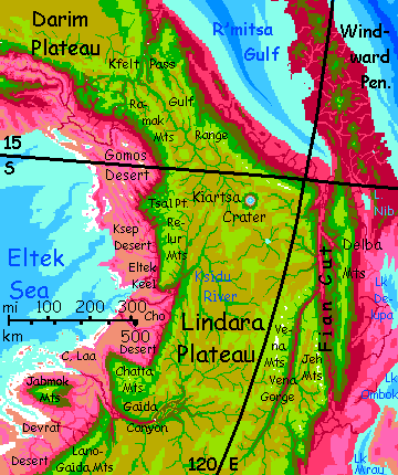 Map of northern Lindara Plateau in the eastern Crunch, on Capsica, a model of a hot world.