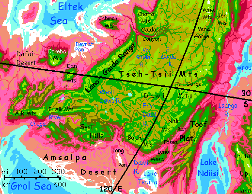 Map of southern Lindara Plateau in the eastern Crunch, on Capsica, a model of a hot world.