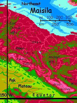 Map of northeast Maisila, a vast jungled peninsula on Capsica, a small world hotter and drier than Earth.