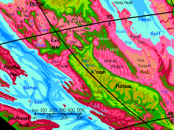 Map of southern Metse, on Capsica, a hot planet.