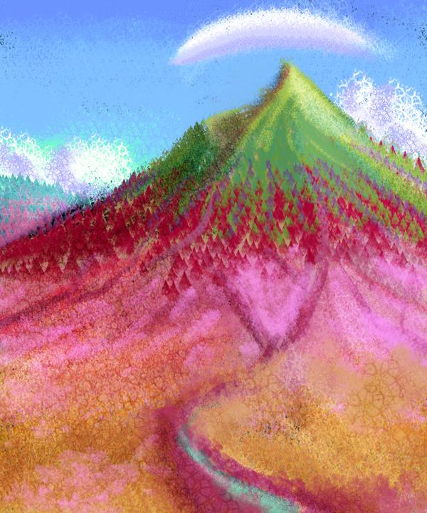 Sketch of Mt Neikanm, a 'chipped tooth' volcano on Capsica, a small world hotter and drier than Earth.