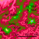 Map of eastern Tsi Range on Narai Peninsula, a subcontinent on Capsica, a small world hotter and drier than Earth.