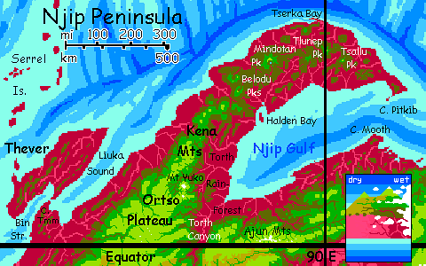 Map of equatorial Cape Njip, in the northern Crunch, on Capsica, a small world hotter and drier than Earth.