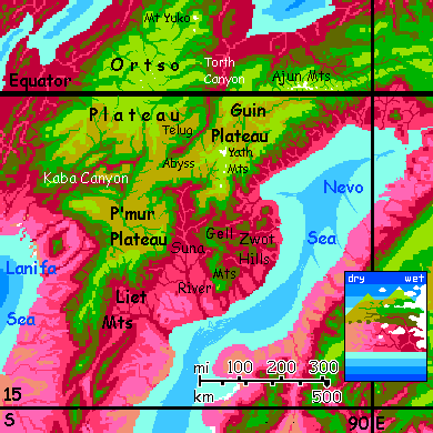 Map of equatorial Njip Plateau, in the northern Crunch, on Capsica, a small world hotter and drier than Earth.