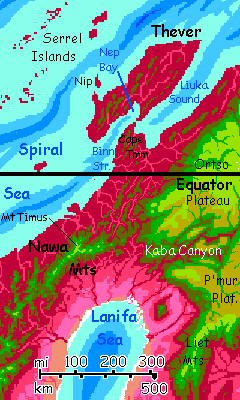 Map of Nawa Mts and Thever Island, in the northern Crunch, on Capsica, a small world hotter and drier than Earth.