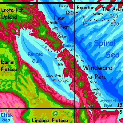 Map of Rmitsa Peninsulas, northeast Crunch, on Capsica, a small world hotter and drier than Earth.