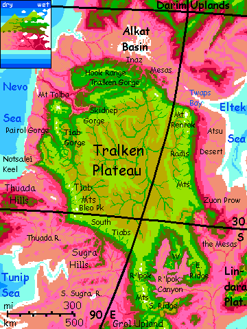 Map of Tralken Plateau in the central Crunch on Capsica, a model of a hot world.