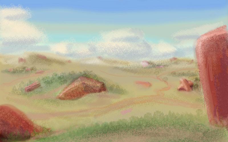 Lumpish adobe or mud sculptures on dry savanna. Dream sketch by Wayan in the style of Forrest Bess.