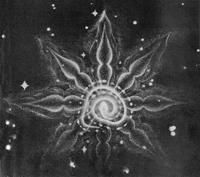 'Constellation', a snake coiling through stars; dream-based print by Peter Birkhauser.