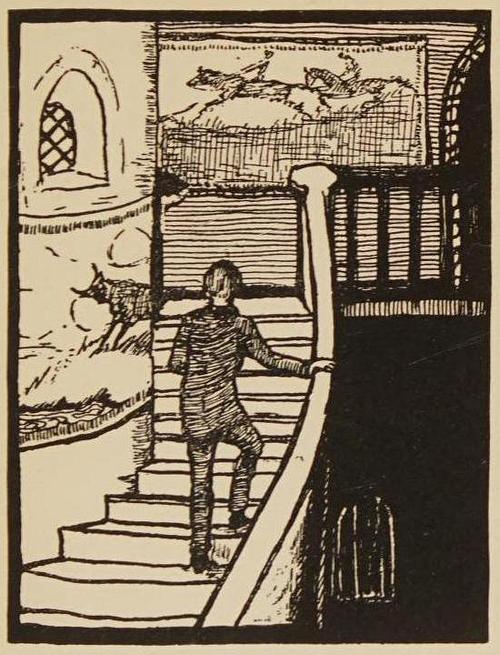 Man climbs stair in a castle with tapestries; dream sketch by Judith Masefield