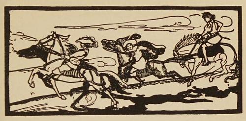 Tapestry of three riders; dream sketch by Judith Masefield