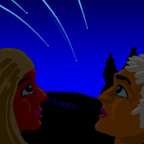 Night. Faces look up as lights streak across the sky. Dream by Miriel, digital sketch by Wayan.