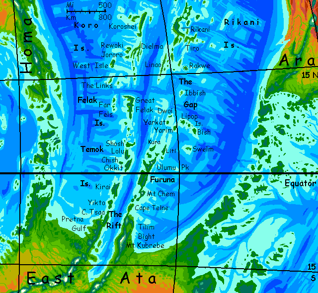 Map of the southern Artaho Islands, twin chains between Homa (left) and Ara (right), desert continents on Kakalea, an unlucky Earthlike world full of Australias.