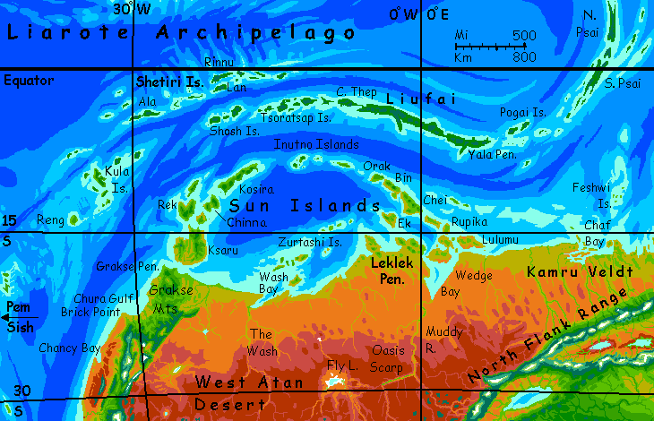 Map of the green equatorial island chains northwest of Ata, largest continent on Kakalea, a model of an Earthlike world full of Australias.