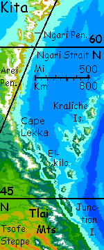 Map of northeast Iba, a dry continent on Kakalea, a model of an Earthlike world full of Australias.