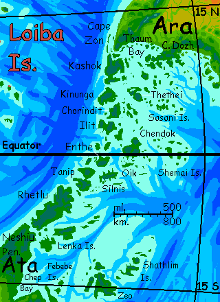 Map of the Loiba Archipelago, an equatorial island chain between Ata (left) and Ara (right), desert continents on Kakalea, an unlucky Earthlike world full of Australias.