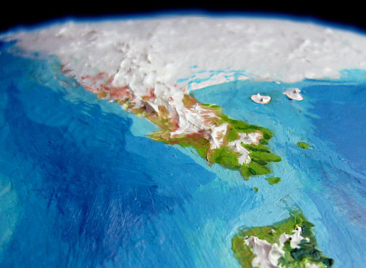 Low orbital photo of southern Doren Island and the Orath Peninsula off Sia, the antarctic continent on Kakalea, a model of an Earthlike world with a desert problem.